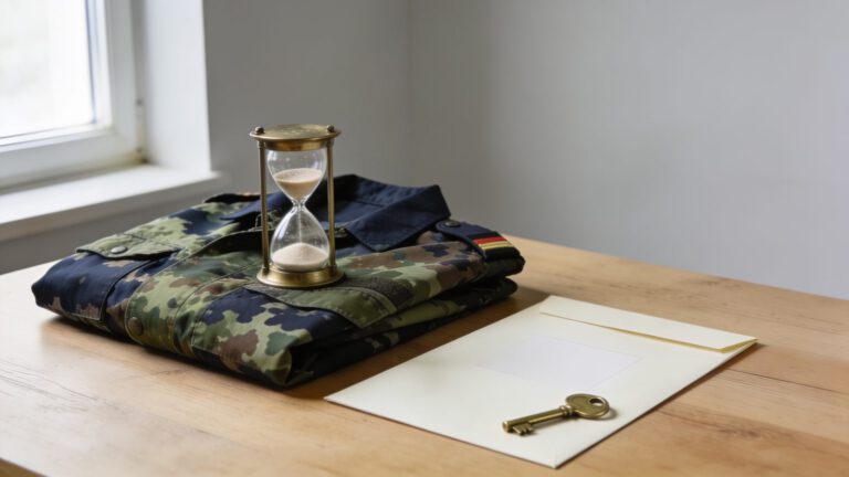 Sanduhr auf einer gefalteten Bundeswehr-Feldjacke, daneben ein Umschlag mit Schlüssel