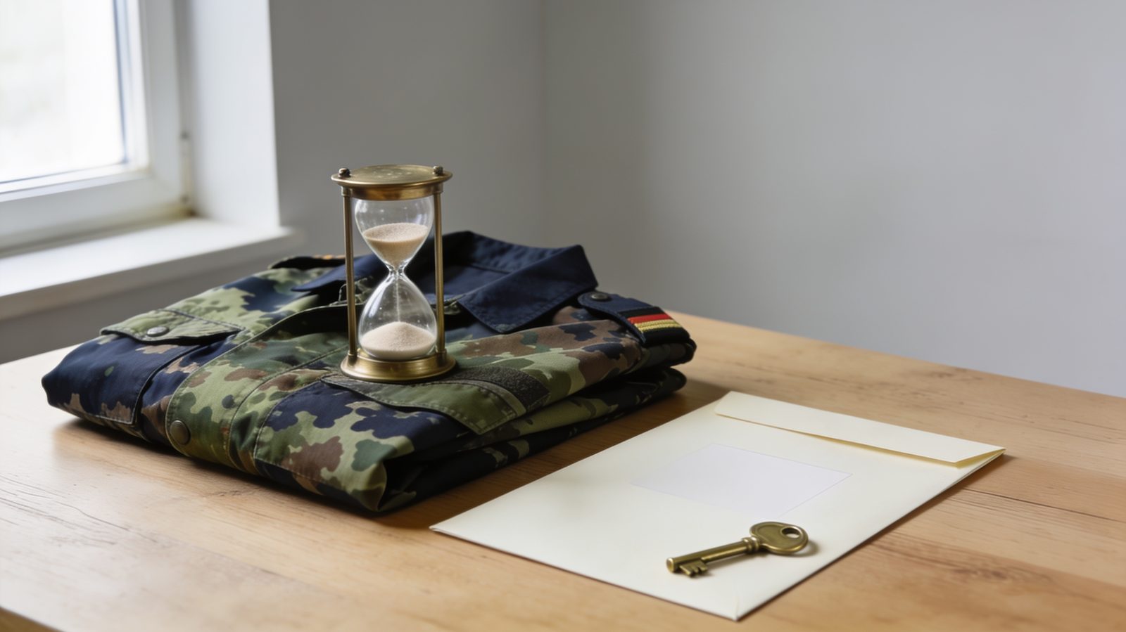 Sanduhr auf einer gefalteten Bundeswehr-Feldjacke, daneben ein Umschlag mit Schlüssel