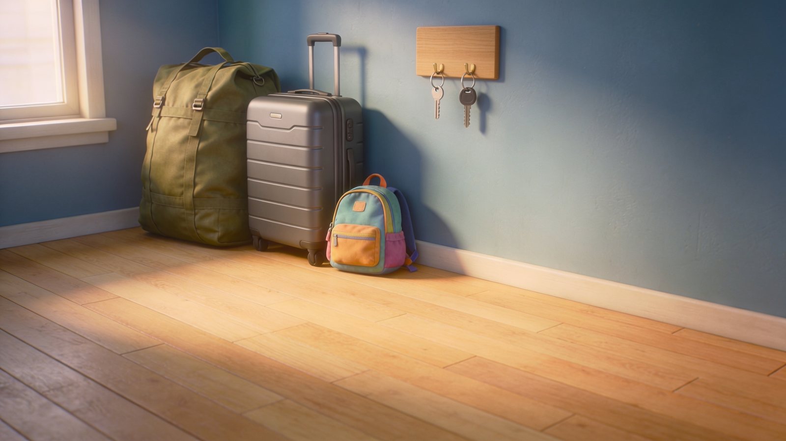 Olivgrüner Seesack, grauer Koffer und bunter Kinderrucksack im Flur, darüber zwei Schlüssel an einem Hakenbrett
