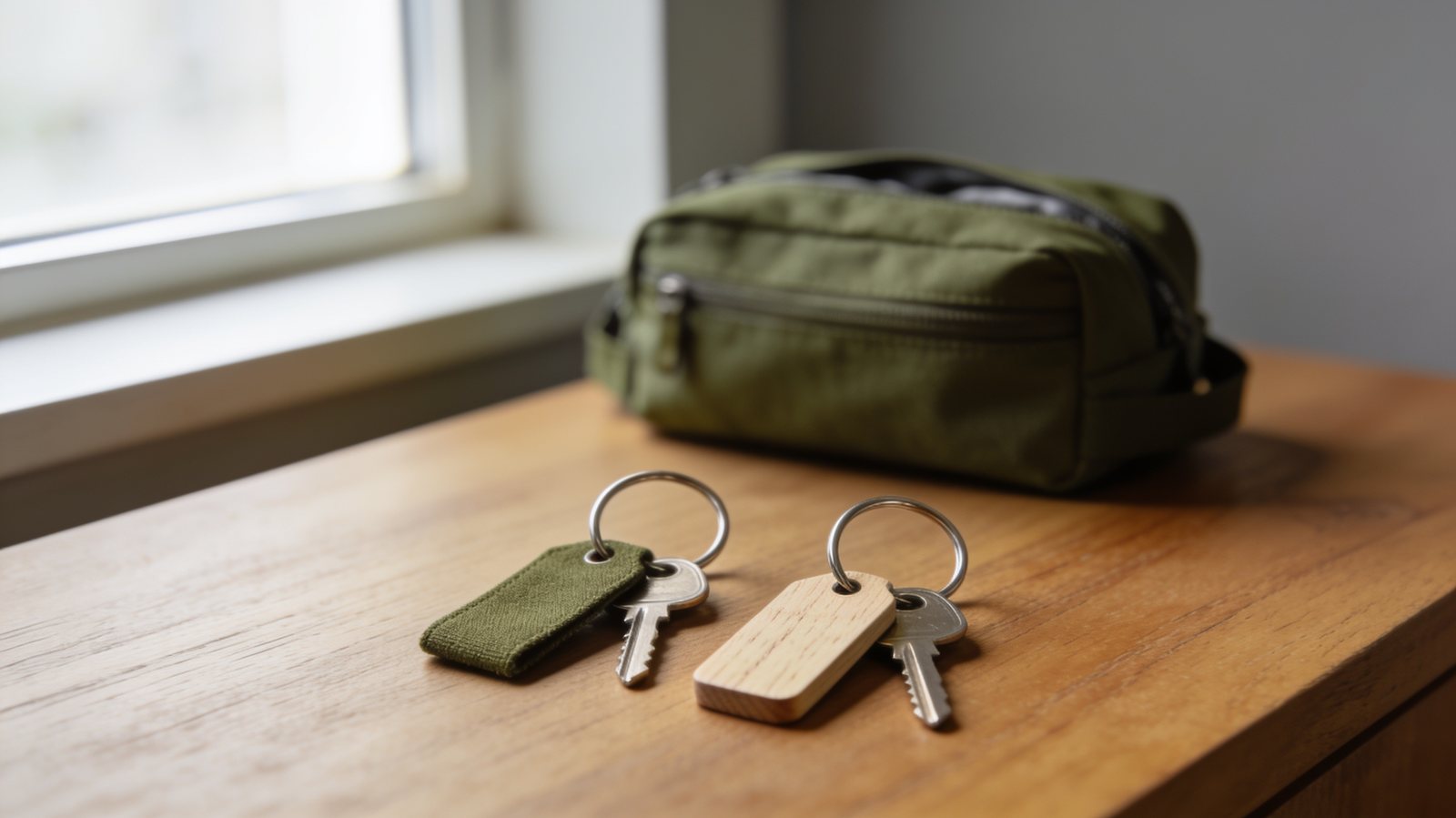 Zwei Schlüsselbunde nebeneinander auf einem Holztisch, dahinter eine olivgrüne Tasche