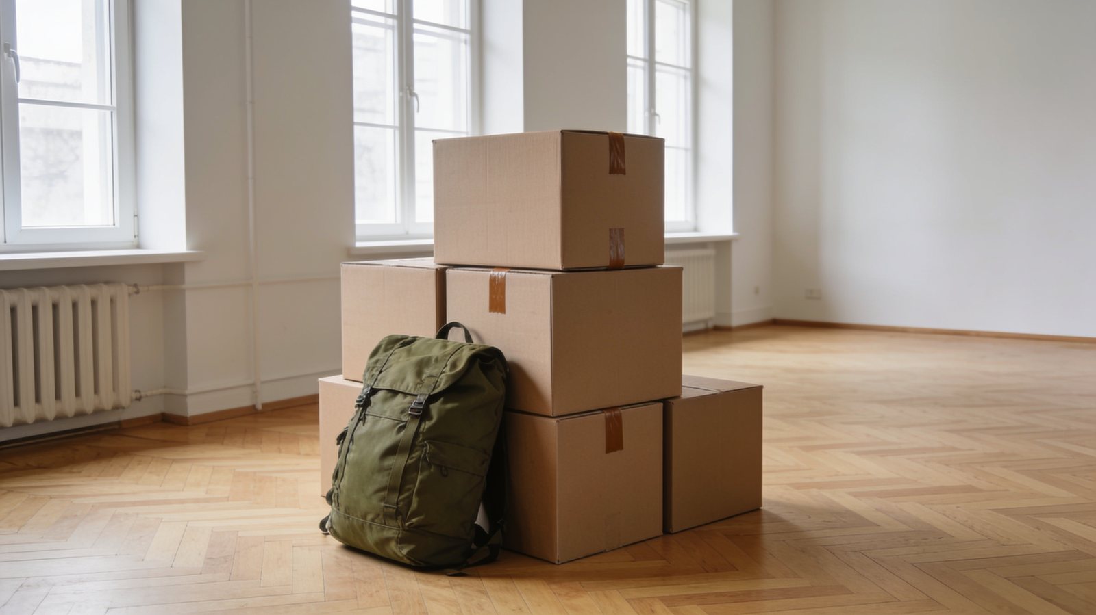 Umzugskartons und olivgrüner Rucksack in einer leeren Altbauwohnung