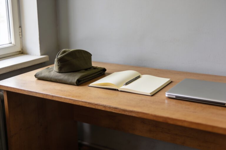 Feldmütze und zusammengelegte Uniform neben aufgeschlagenem Notizbuch und Laptop – Berufsförderungsdienst der Bundeswehr