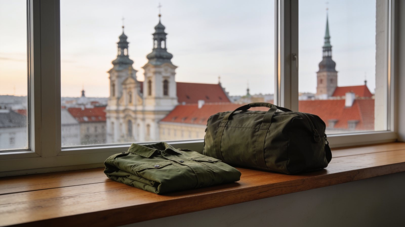 Gefaltete Feldjacke und Seesack auf einer Fensterbank mit Blick auf eine barocke Altstadt