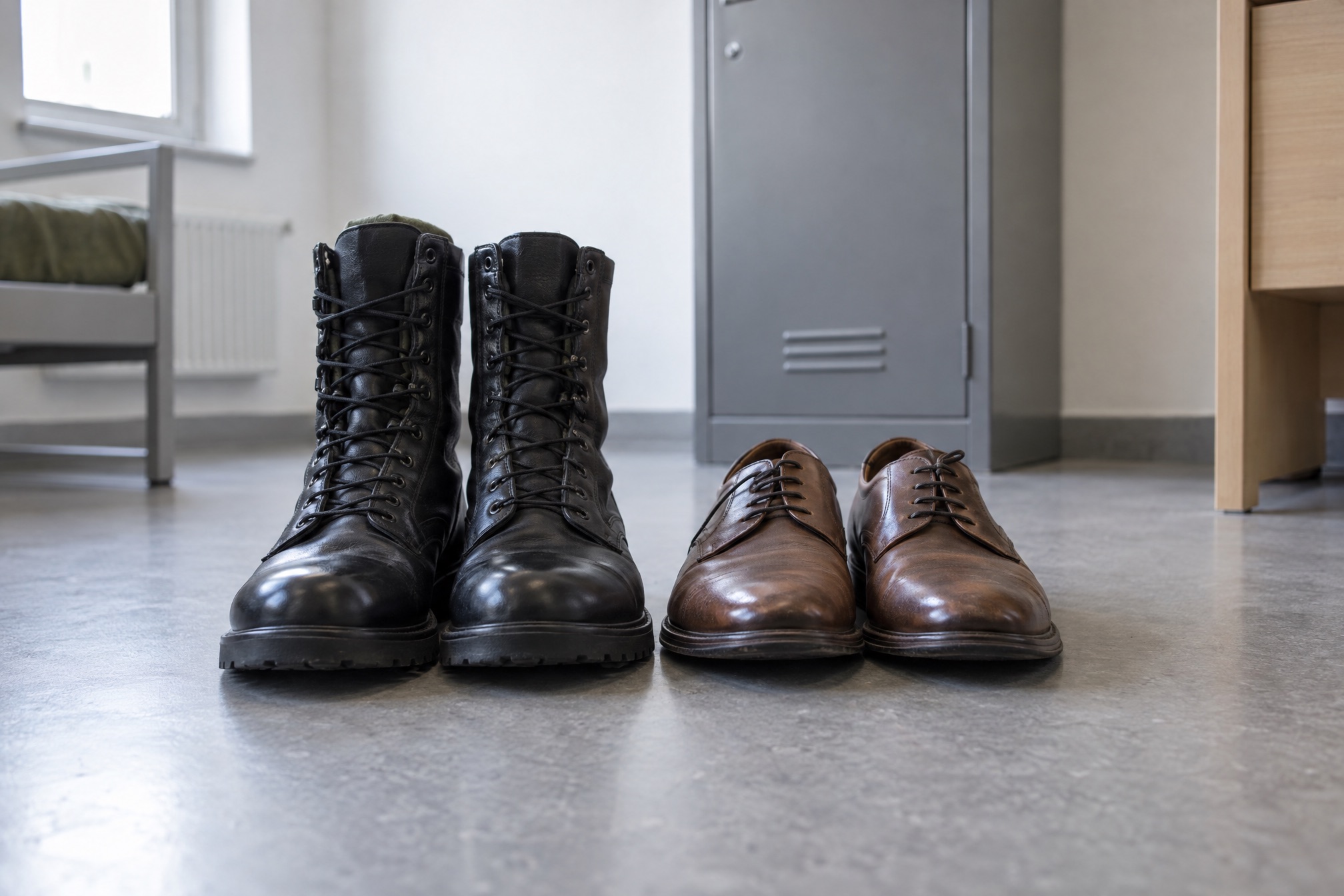 Schwarze Militaerstiefel stehen neben braunen Zivilschuhen auf dem Boden einer Kasernenstube