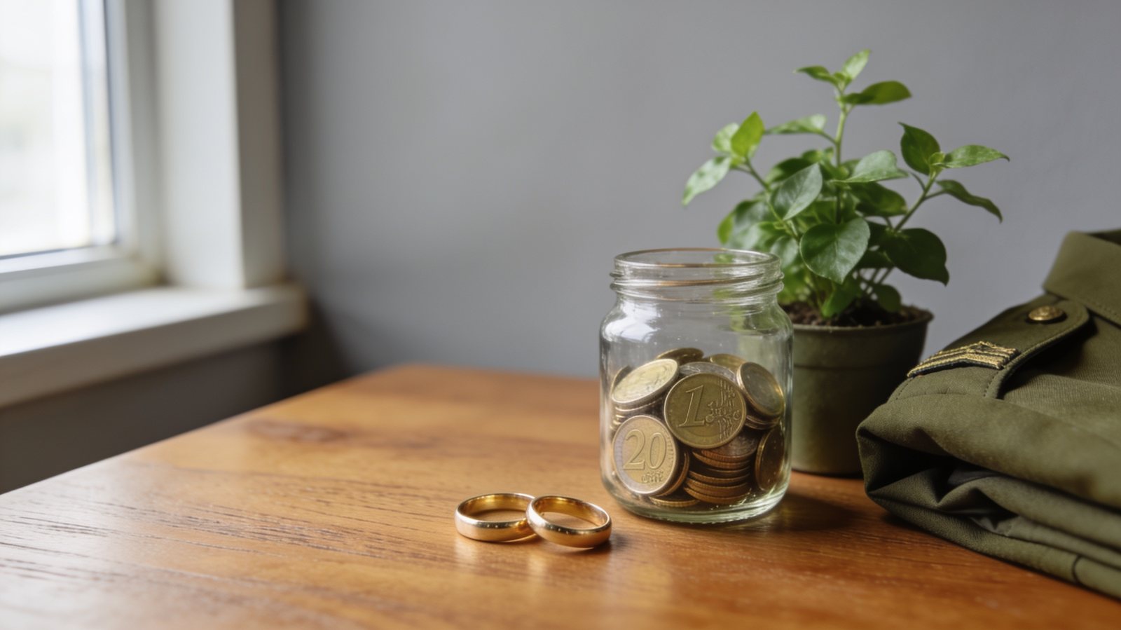 Zwei Eheringe vor einem Glas mit Euromünzen, daneben eine Pflanze und eine Feldjacke