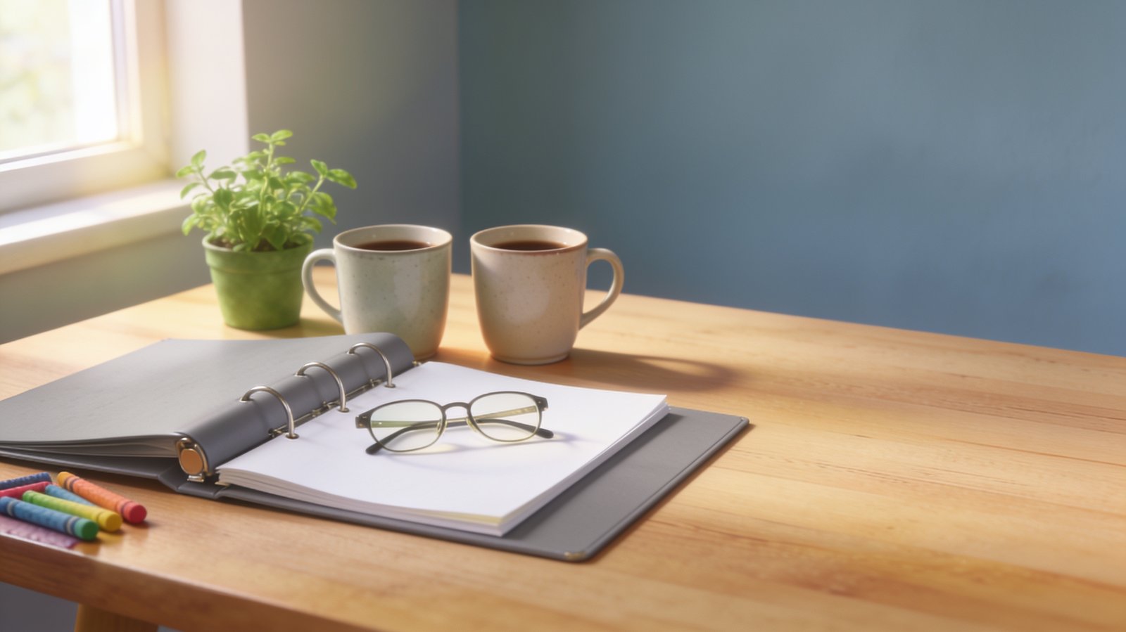 Zwei Kaffeebecher, ein offener Ordner mit Lesebrille und Wachsmalstifte auf einem Küchentisch im Morgenlicht
