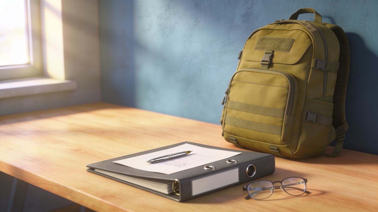 Olivgrüner Rucksack an einer blauen Wand, davor ein Aktenordner mit Blatt und Füller und eine Lesebrille