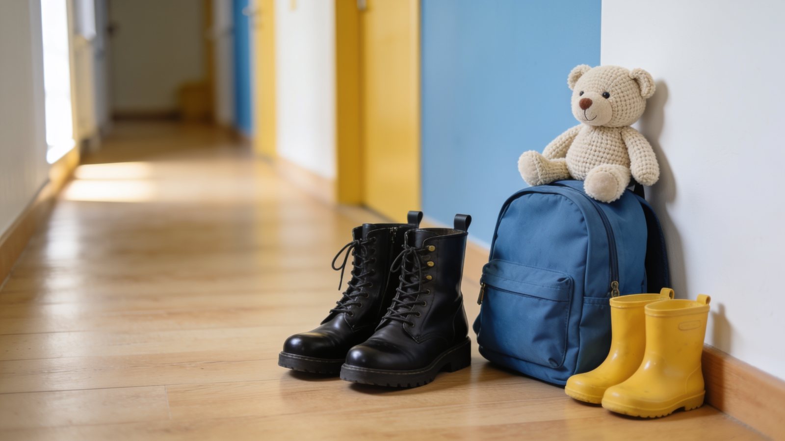 Kampfstiefel neben einem Kinderrucksack mit Teddy und gelben Gummistiefeln im Flur
