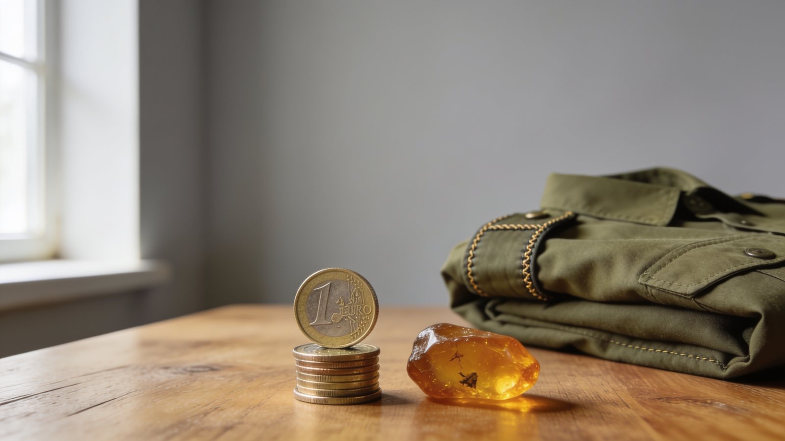 Euromünzen, ein Stück Bernstein und eine gefaltete Uniform auf einem Holztisch