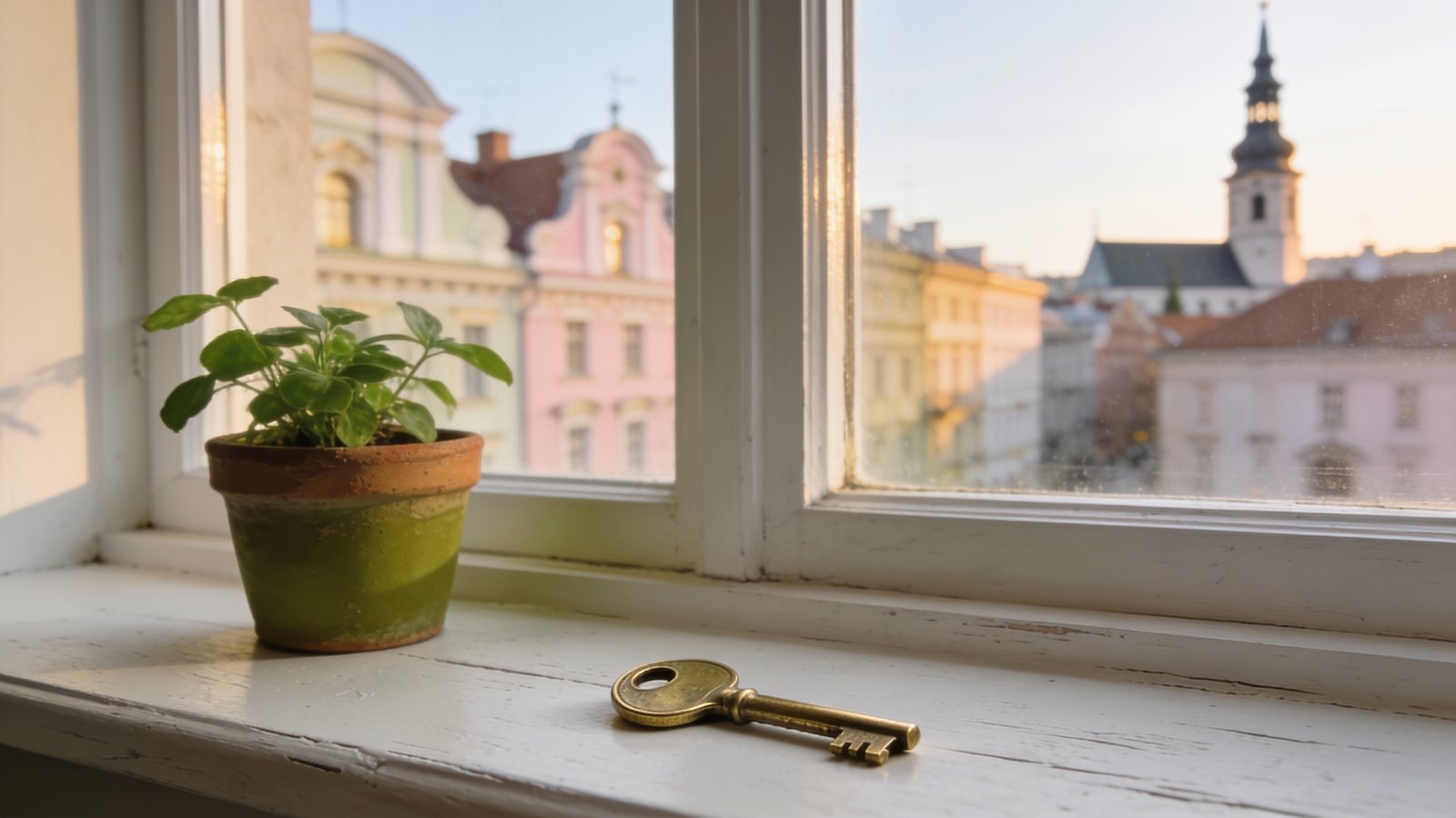 Messingschlüssel auf einer Fensterbank mit Blick auf barocke Altstadtfassaden