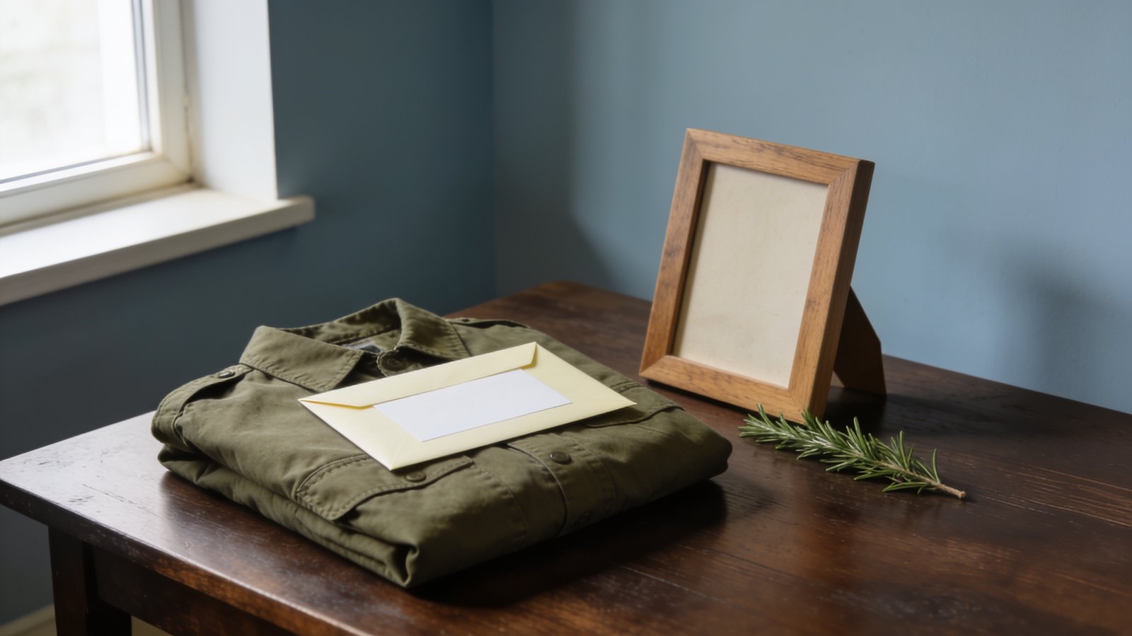 Gefaltete olivgrüne Feldjacke mit Briefumschlag, daneben ein Bilderrahmen und ein Rosmarinzweig