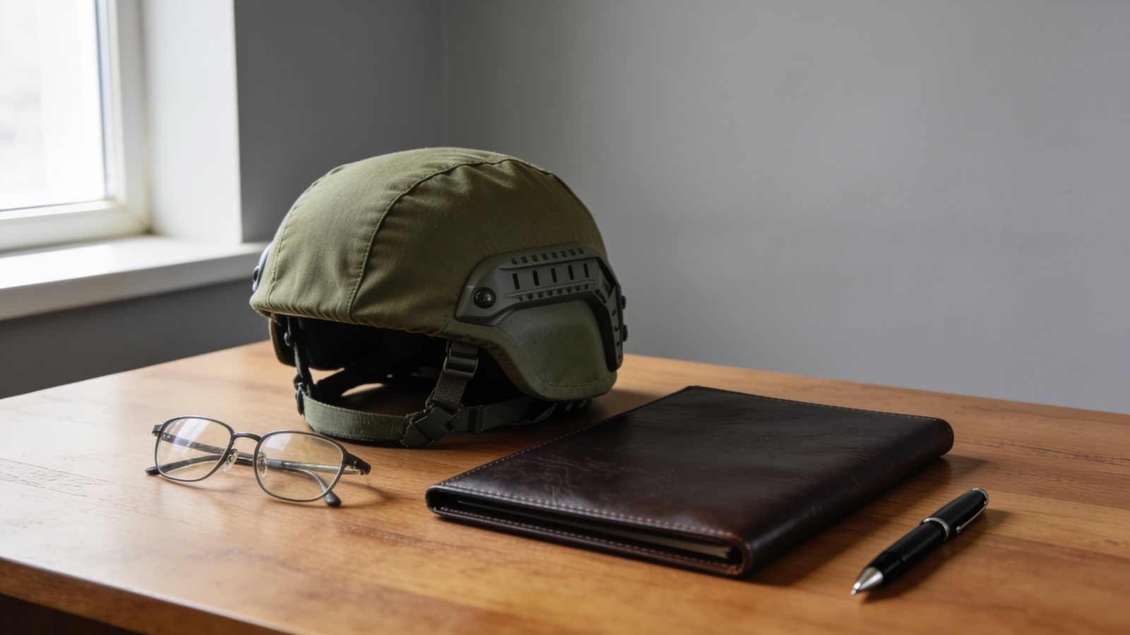 Olivgrüner Gefechtshelm neben einer Ledermappe, Lesebrille und Füller