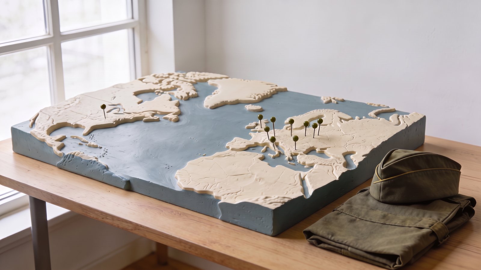 Reliefmodell von Nordamerika und Europa aus hellem Gips auf einem Schreibtisch, olivgrüne Stecknadeln markieren Standorte in den USA und in Europa, daneben Feldmütze und Feldjacke.
