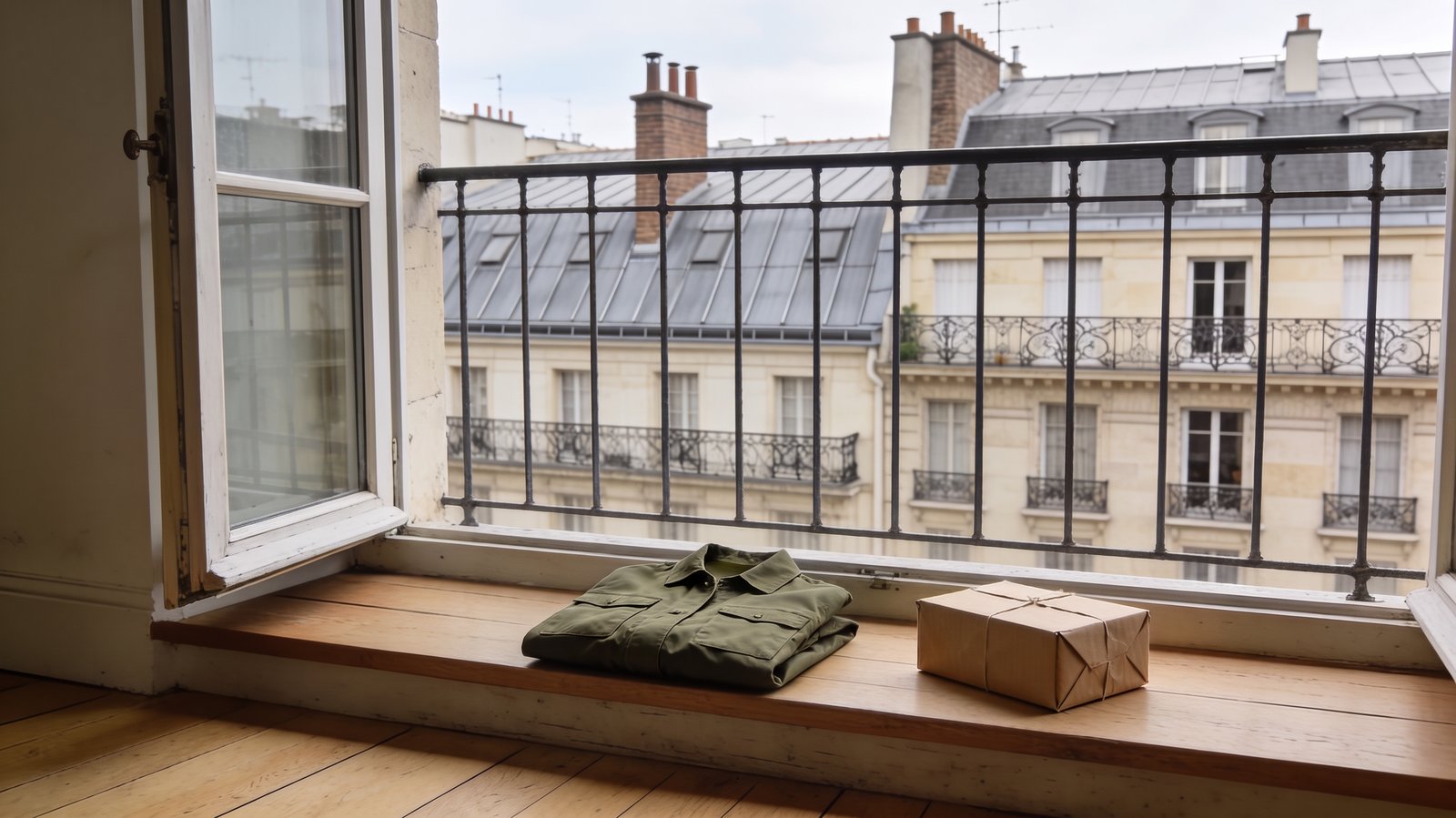 Gefaltete olivgrüne Feldjacke und ein Paket auf der Fensterbank einer Altbauwohnung, dahinter Zinkdächer und helle Steinfassaden mit schmiedeeisernen Balkonen.
