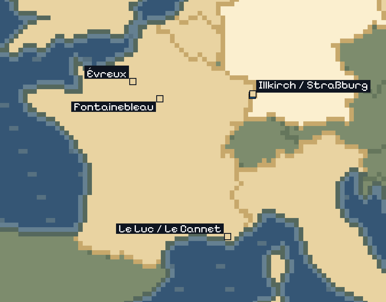 Pixelkarte von Frankreich mit den Standorten der Bundeswehr: Illkirch-Graffenstaden und Straßburg im Elsass, Évreux in der Normandie, Fontainebleau südlich von Paris und Le Luc in der Provence.
