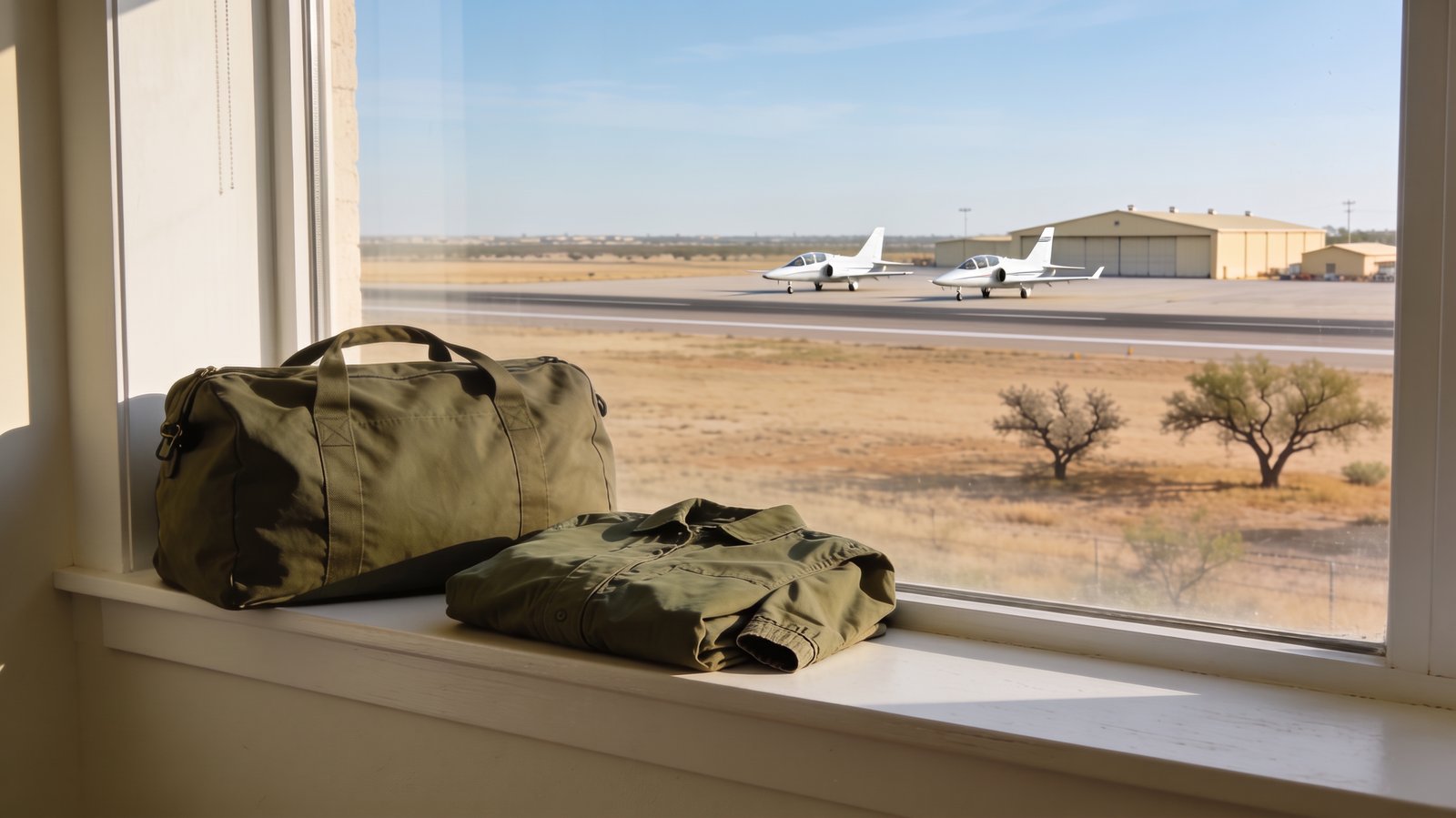 Olivgrüner Seesack und gefaltete Feldjacke auf einer Fensterbank, draußen trockene Landschaft in Texas mit Rollbahn, zwei weißen Schulflugzeugen und Hangars.