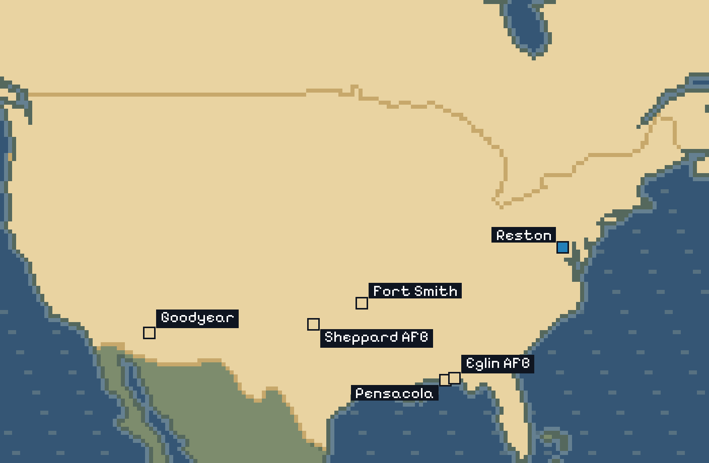 Pixelkarte der USA mit den Standorten der Bundeswehr: Reston in Virginia, Sheppard Air Force Base in Texas, Goodyear in Arizona, Fort Smith in Arkansas, Pensacola und Eglin in Florida.